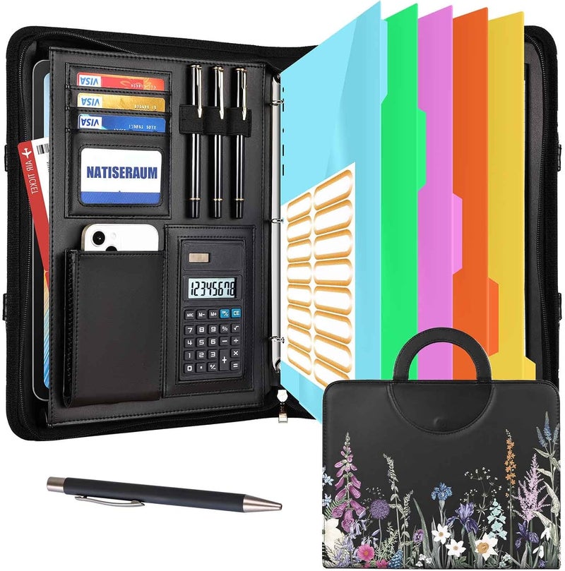 NATISERAUM Portfolio Binder 3 Ring Includes Pen and 5 Dividers with 10 Pockets, Padfolio Organizer with Zipper for Men and Women, Includes A4 Notepad for Business, School, Work - Image 1